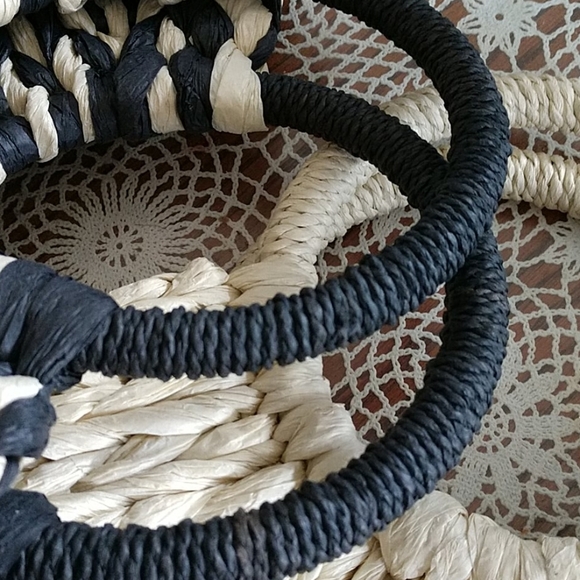 SALE Half Semi Circle Straw Ratan Woven Structured Tote Bag Black Cream Boho - Picture 9 of 10